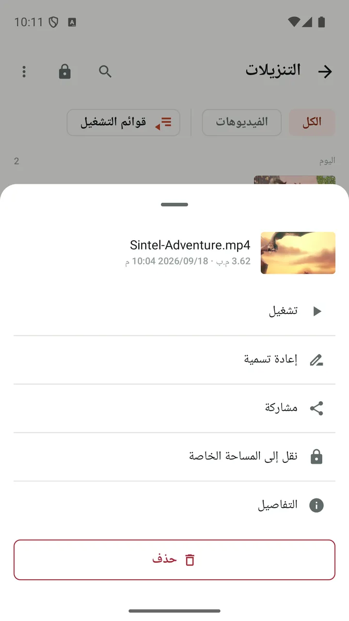 إجراءات Lynvio لفيديو تم تنزيله، ومنها «نقل إلى المساحة الخاصة»