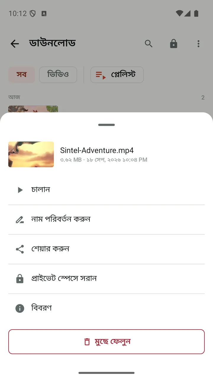 ডাউনলোড করা ভিডিওর জন্য Lynvio অ্যাকশন মেনু, যাতে "প্রাইভেট স্পেসে সরান" আছে