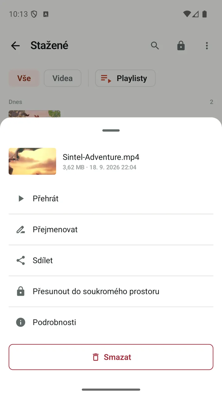 Akce aplikace Lynvio pro stažené video, včetně „Přesunout do soukromého prostoru“