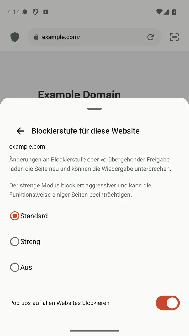 Website-Panel in Lynvio mit den Blockierstufen Standard, Streng und Aus