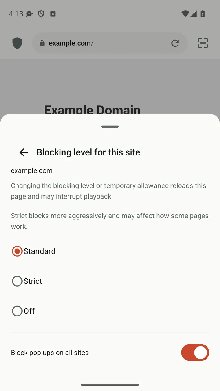 Lynvio site panel with the Standard, Strict and Off blocking levels