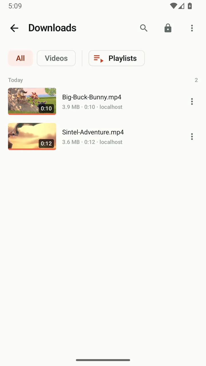 Lynvio downloads list with two saved videos