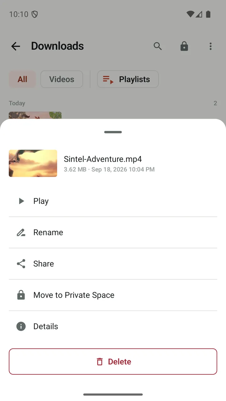 Lynvio actions for a downloaded video, including Move to Private Space