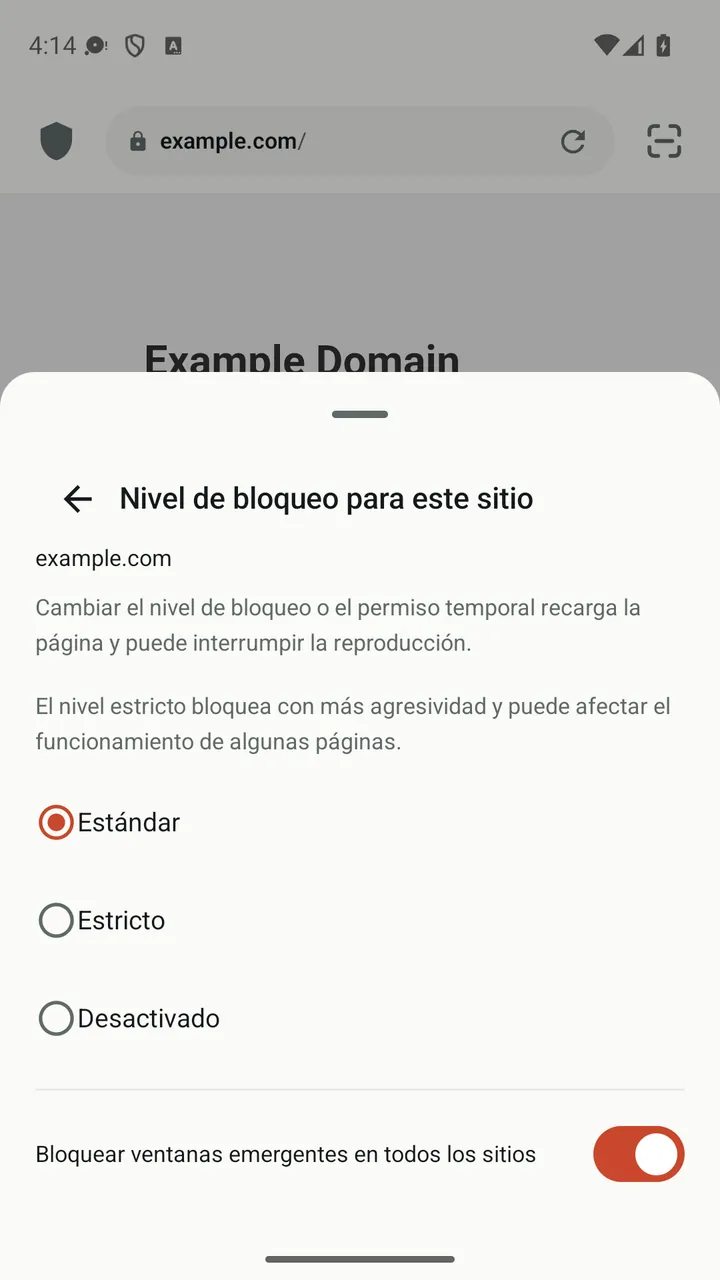 Panel del sitio de Lynvio con los niveles de bloqueo Estándar, Estricto y Desactivado