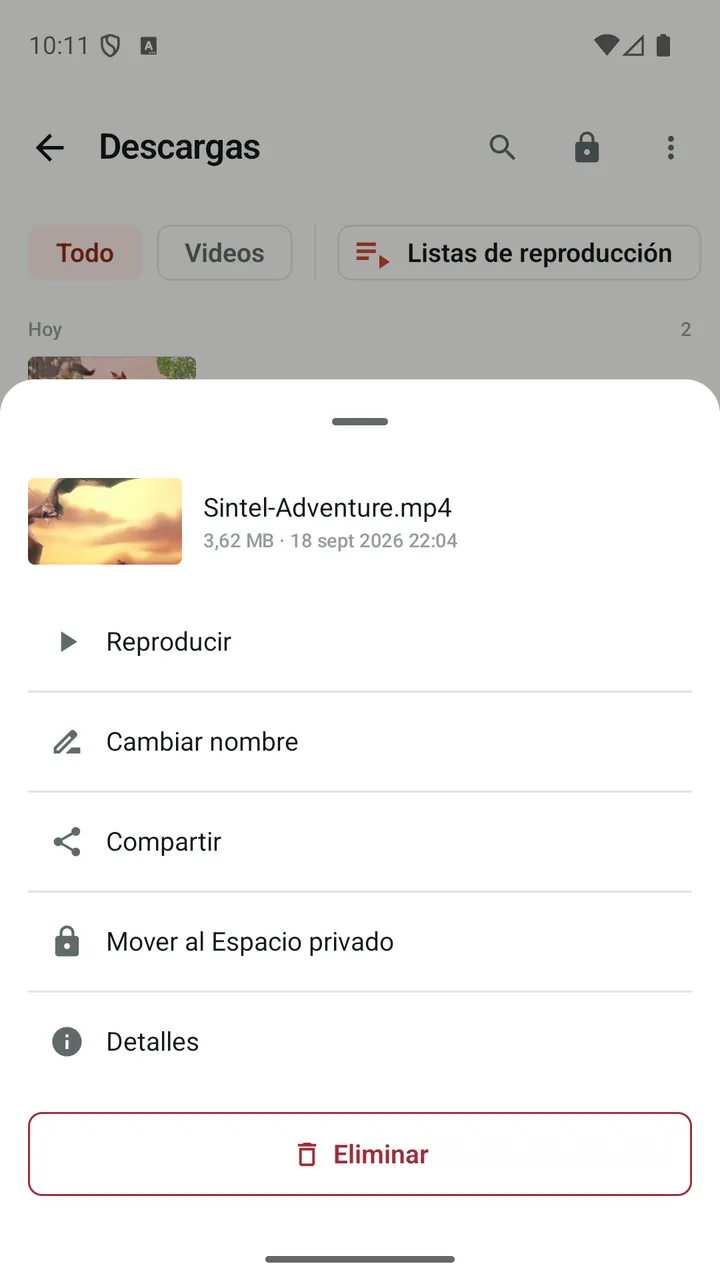 Acciones de Lynvio para un vídeo descargado, entre ellas «Mover al Espacio privado»