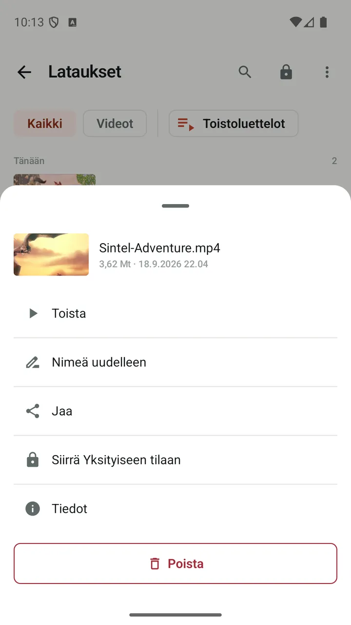 Lynvio-sovelluksen toiminnot ladatulle videolle, mukaan lukien ”Siirrä Yksityiseen tilaan”