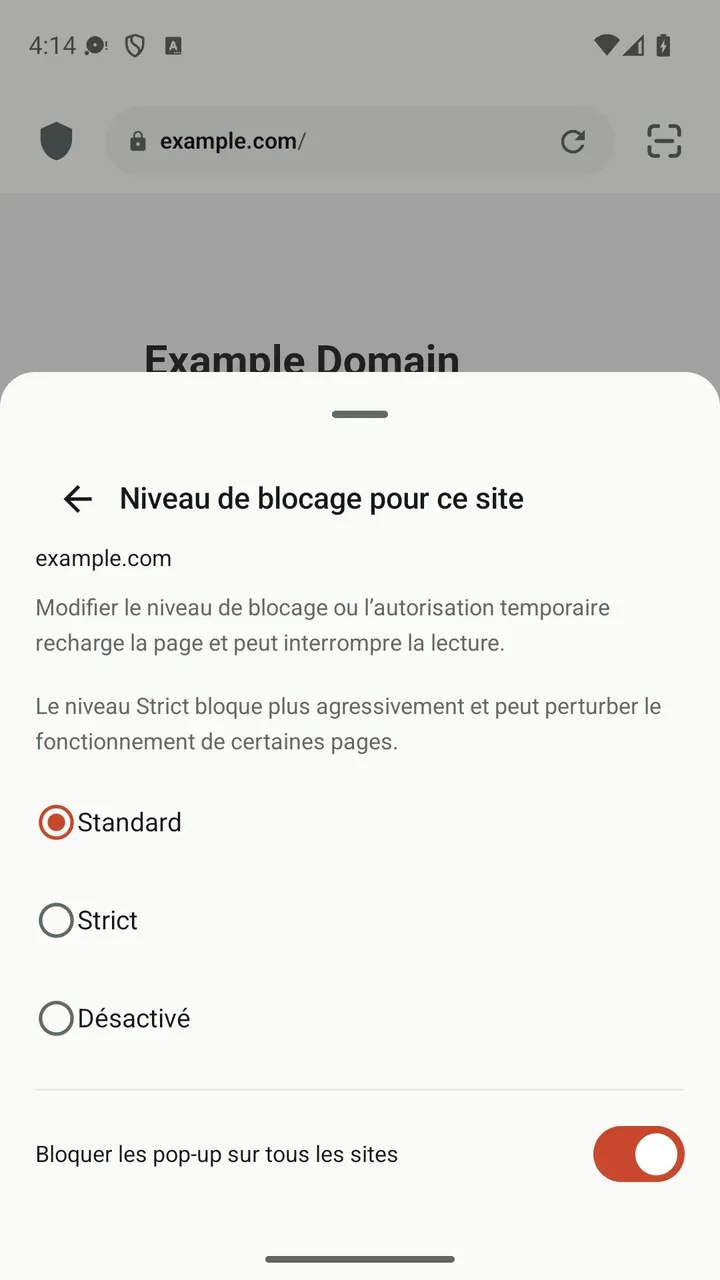 Panneau du site de Lynvio avec les niveaux de blocage Standard, Strict et Désactivé