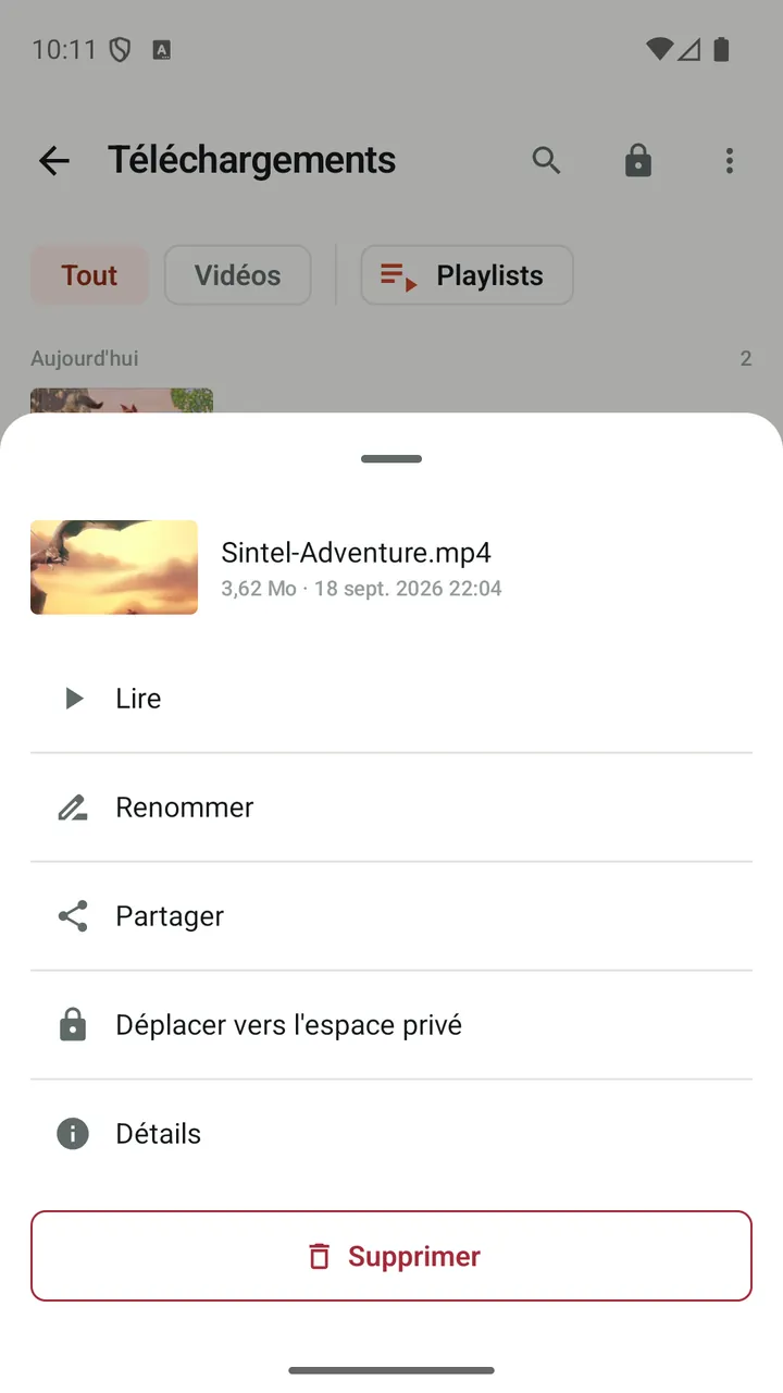 Actions de Lynvio pour une vidéo téléchargée, dont « Déplacer vers l’espace privé »