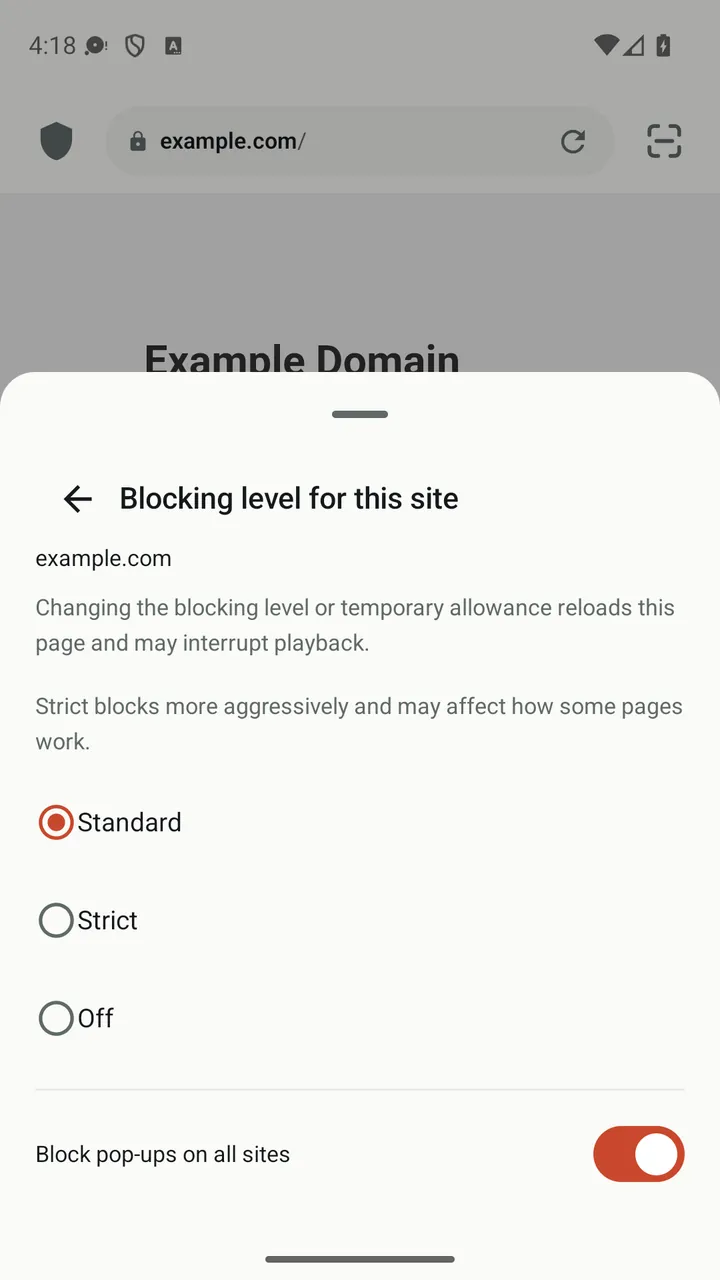 Panel situs Lynvio dengan tingkat pemblokiran Standar, Ketat, dan Nonaktif