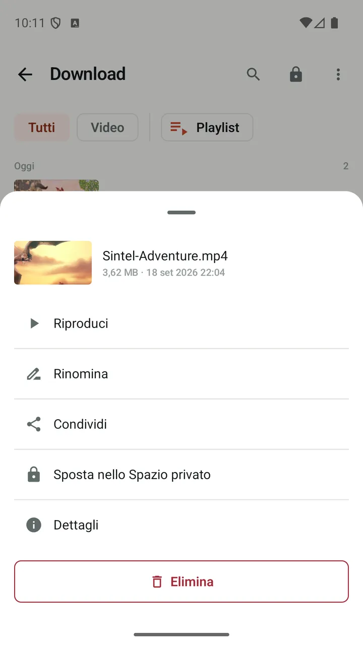 Azioni di Lynvio per un video scaricato, tra cui «Sposta nello Spazio privato»