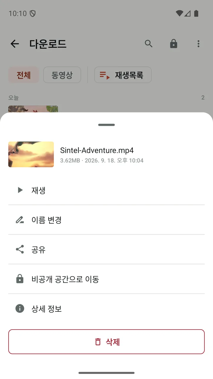 “비공개 공간으로 이동”이 포함된, 다운로드한 동영상에 대한 Lynvio 작업 메뉴