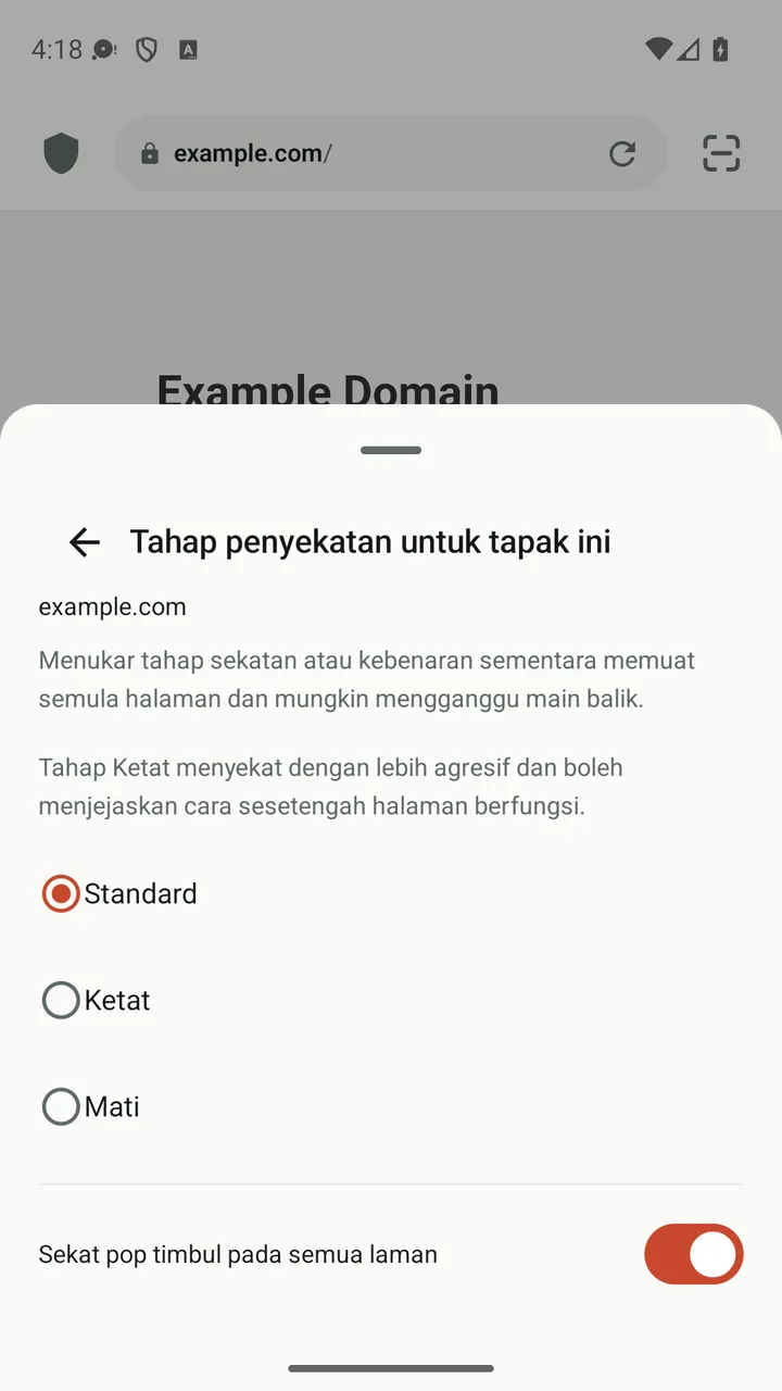 Panel laman Lynvio dengan tahap sekatan Standard, Ketat dan Mati