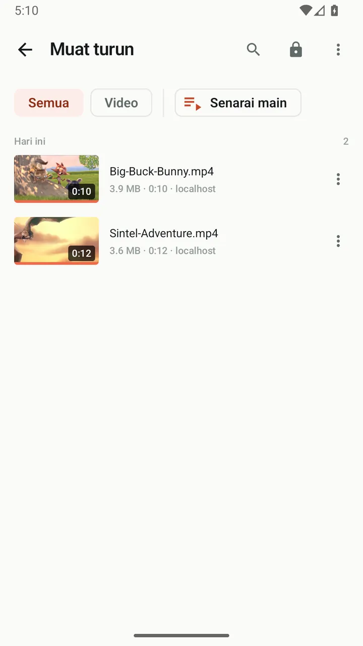 Senarai muat turun Lynvio dengan dua video yang disimpan