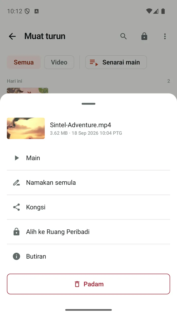 Tindakan Lynvio untuk video yang dimuat turun, termasuk “Alih ke Ruang Peribadi”