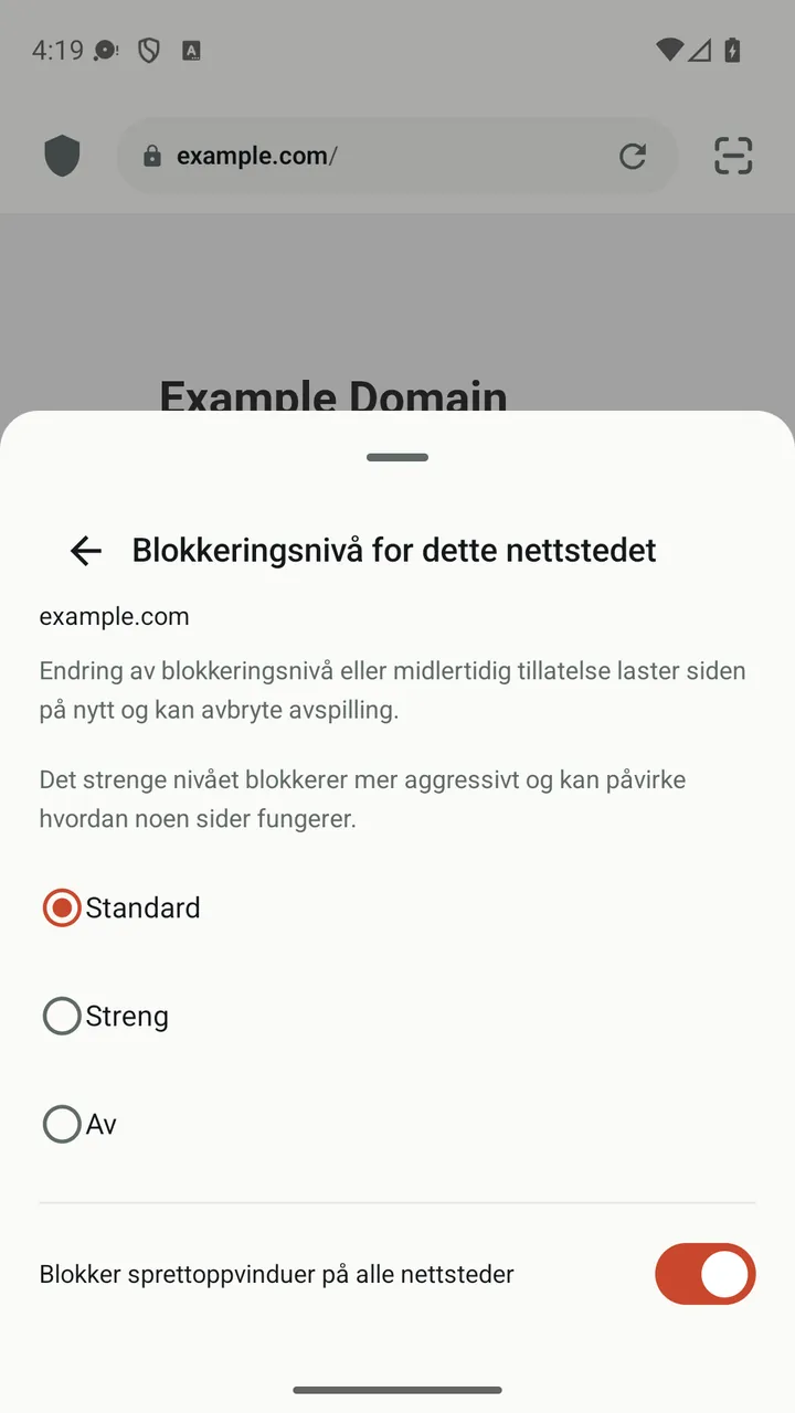 Nettstedspanelet i Lynvio med blokkeringsnivåene Standard, Streng og Av