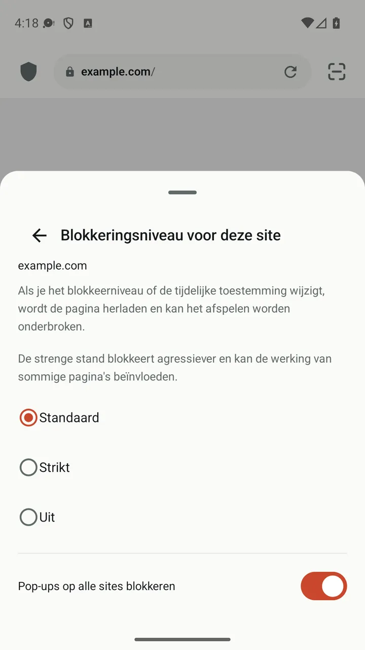 Sitepaneel van Lynvio met de blokkeerniveaus Standaard, Strikt en Uit