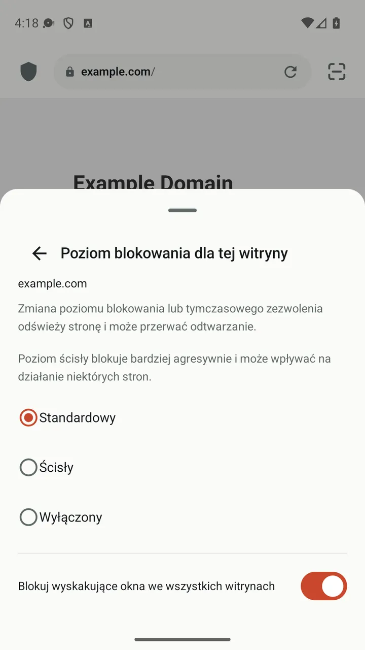 Panel witryny w Lynvio z poziomami blokowania Standardowy, Ścisły i Wyłączony
