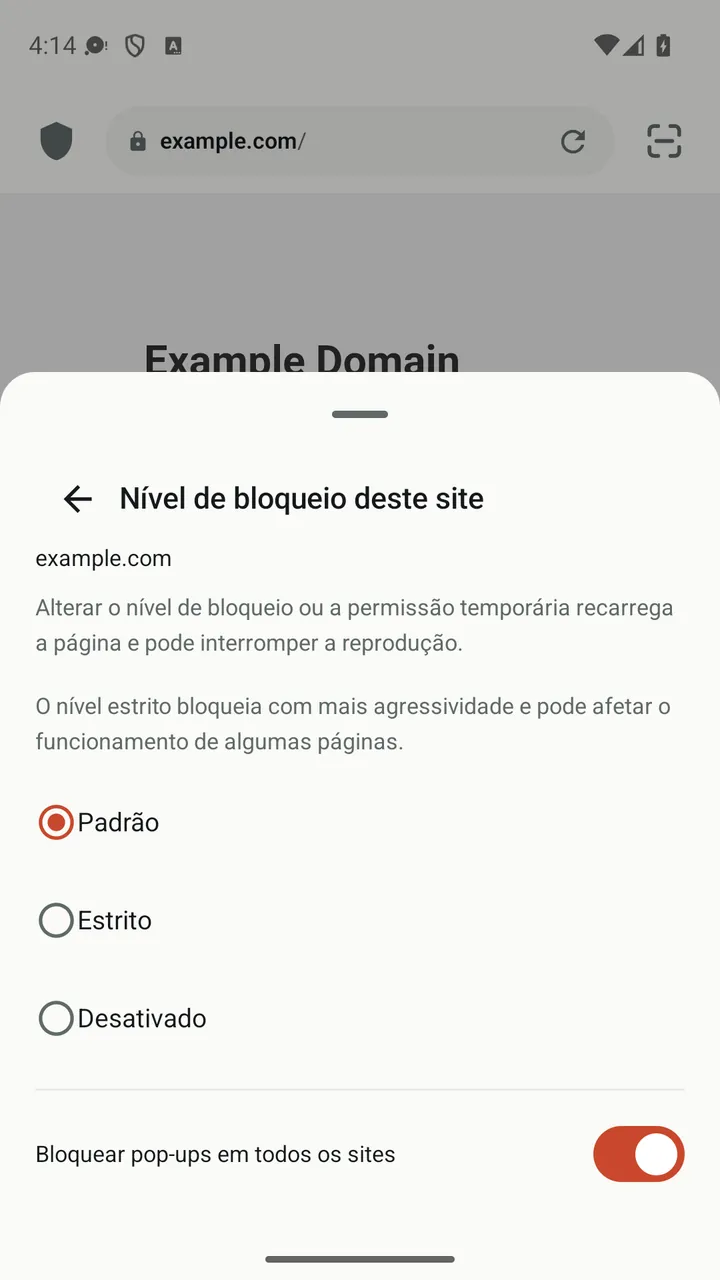 Painel do site do Lynvio com os níveis de bloqueio Padrão, Estrito e Desativado