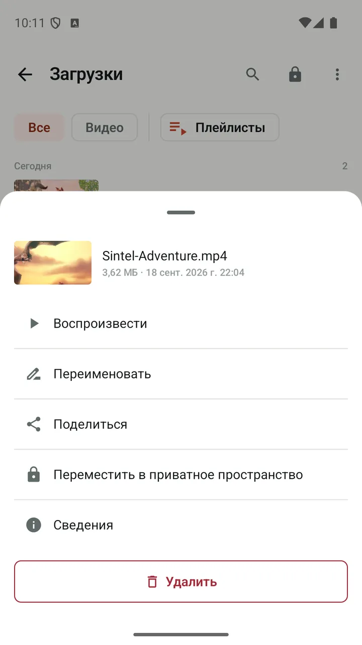 Действия со скачанным видео в Lynvio, включая «Переместить в приватное пространство»