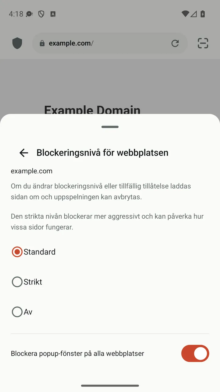 Webbplatspanelen i Lynvio med blockeringsnivåerna Standard, Strikt och Av