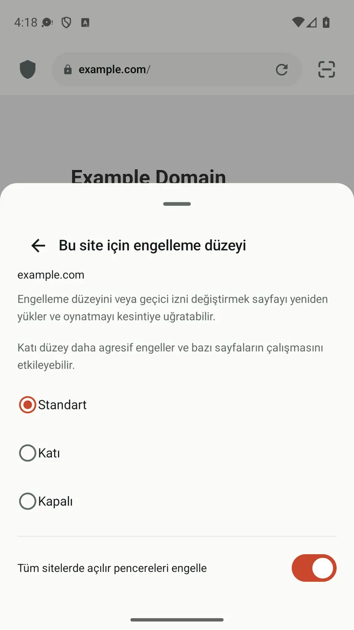 Standart, Katı ve Kapalı engelleme düzeyleriyle Lynvio site paneli