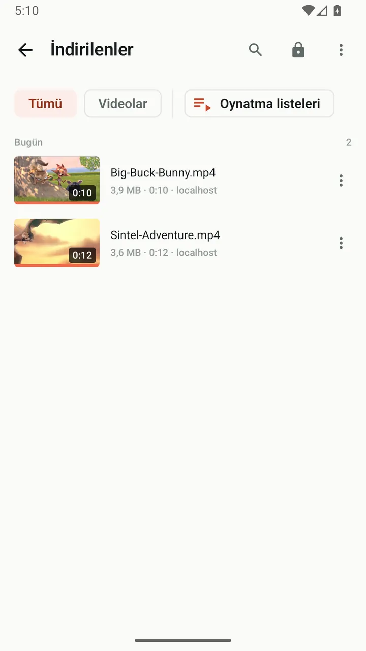 Kaydedilmiş iki videonun bulunduğu Lynvio indirilenler listesi