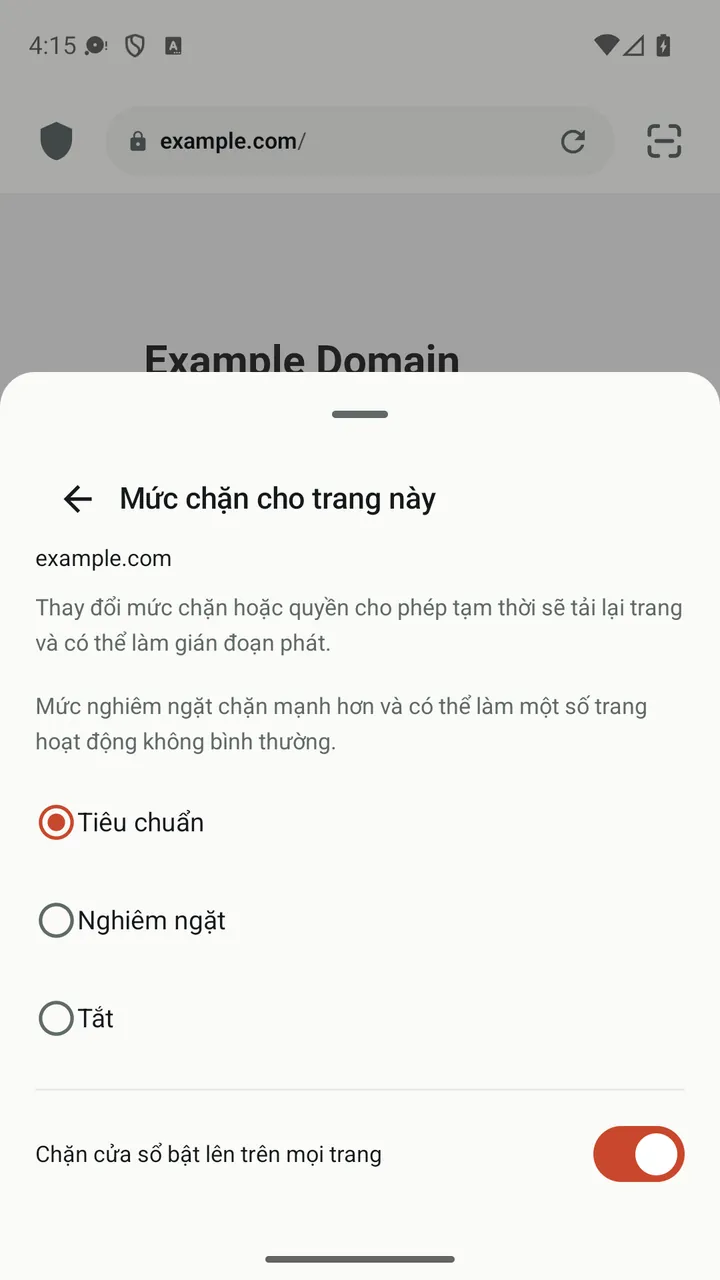 Bảng trang web của Lynvio với các mức chặn Tiêu chuẩn, Nghiêm ngặt và Tắt